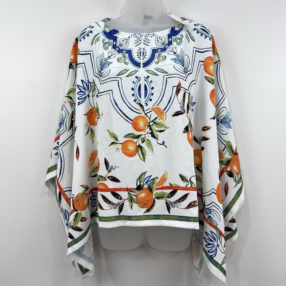 Chicos Island Oranges Poncho OS NWT Fruit AOP Mediterranean Resort Euro Summer